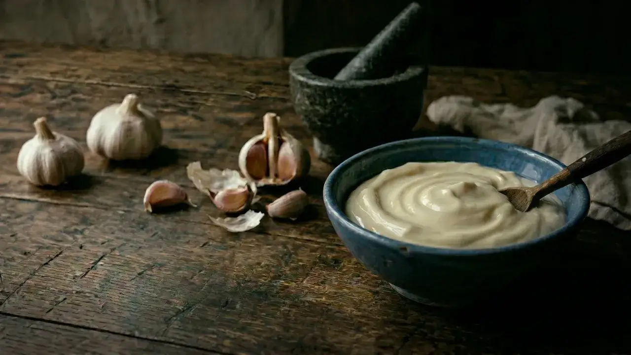 Une cuillère en bois remue un onctueux aioli dans un bol bleu, entouré d'ail frais et d'un mortier. La recette parfaite pour un goût authentique.