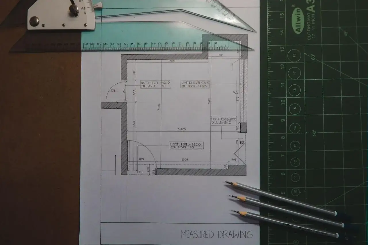 Plano arquitectónico con medidas y detalles de construcción, incluyendo una división horizontal de espacios. Lápices y reglas de dibujo sobre la mesa.