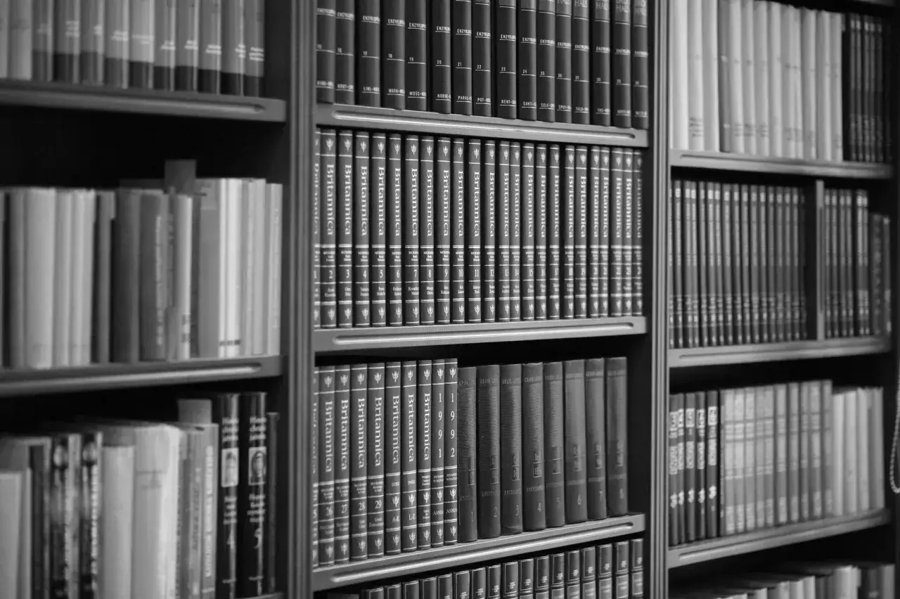 Wielka biblioteka pełna książek, w tym encyklopedie Britannica. To właśnie jest non fiction co to znaczy - wiedza i fakty.