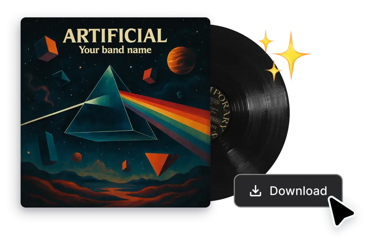 Album Cover AI: Ein Prisma bricht Licht im Weltraum, umgeben von geometrischen Formen und Planeten. Daneben eine Vinyl-Schallplatte.