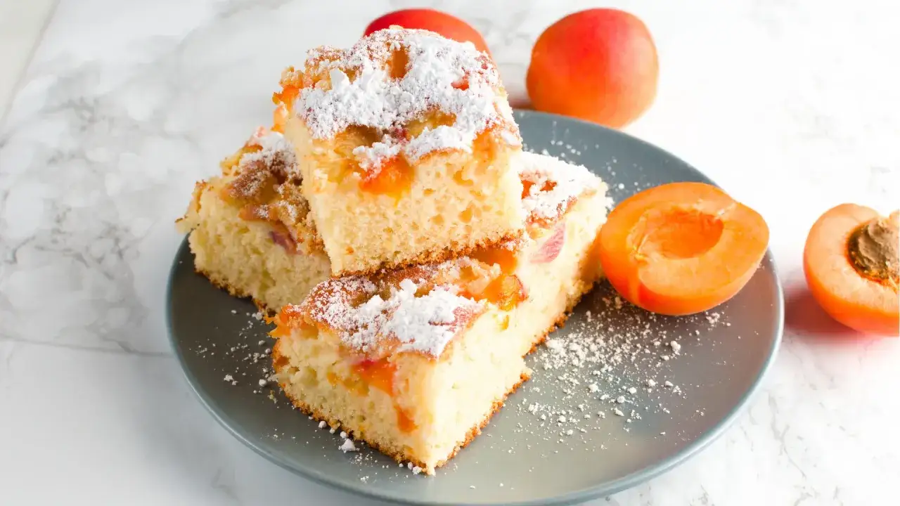 Tranches de g&acirc;teau aux abricots saupoudr&eacute;es de sucre glace, accompagn&eacute;es de fruits frais sur une assiette grise.