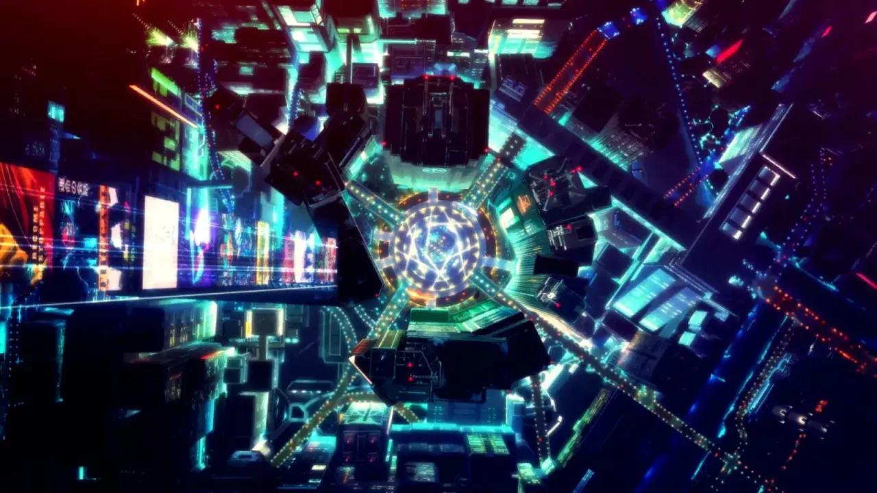 Neon-beleuchtete Cyberpunk-Stadt, die auf eine zentrale, leuchtende Struktur zul&auml;uft. Ein Ausblick auf eine m&ouml;gliche Cyberpunk Edgerunners Season 2.