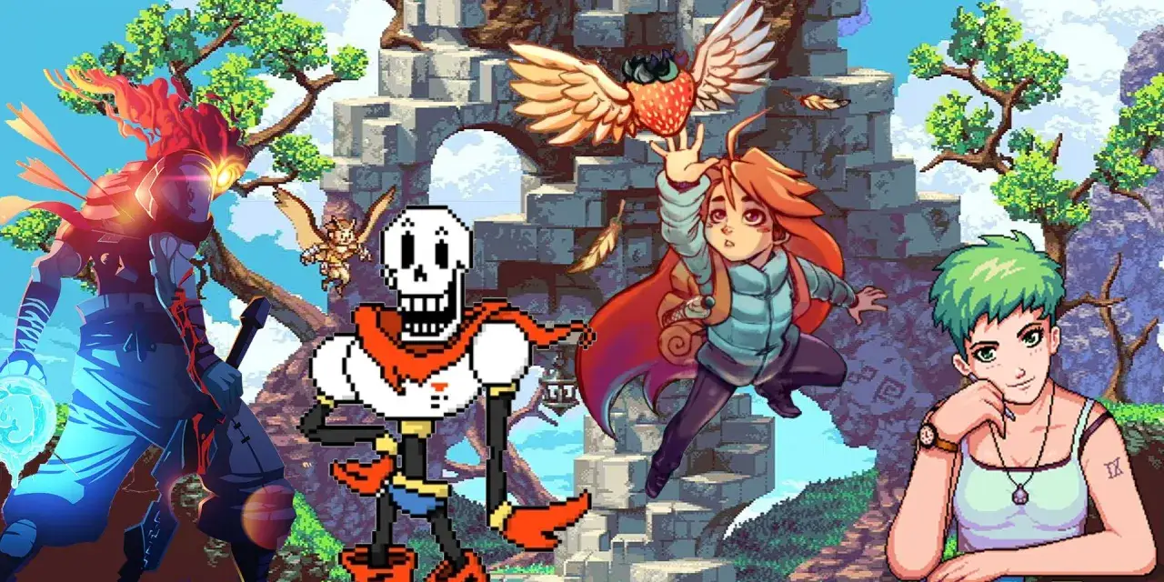 Postacie z gier pixel art: wojownik z płomienną głową, Papyrus, Madeline z truskawką i dziewczyna z zielonymi włosami.