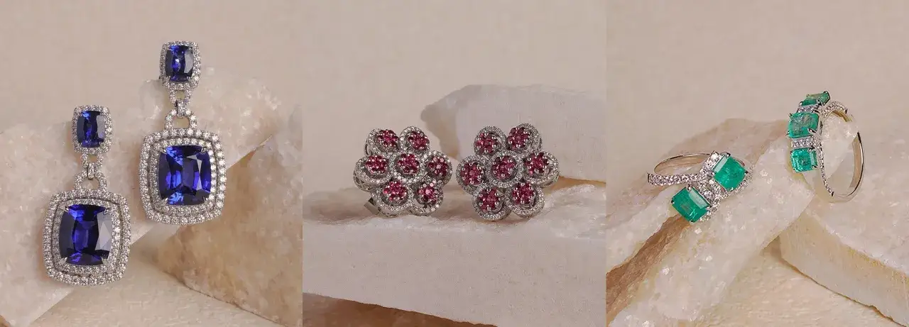 Kolczyki z szafirami, kolczyki w kształcie kwiatów z rubinami i pierścionki z szmaragdami – najpiękniejsze kamienie szlachetne w eleganckiej oprawie.