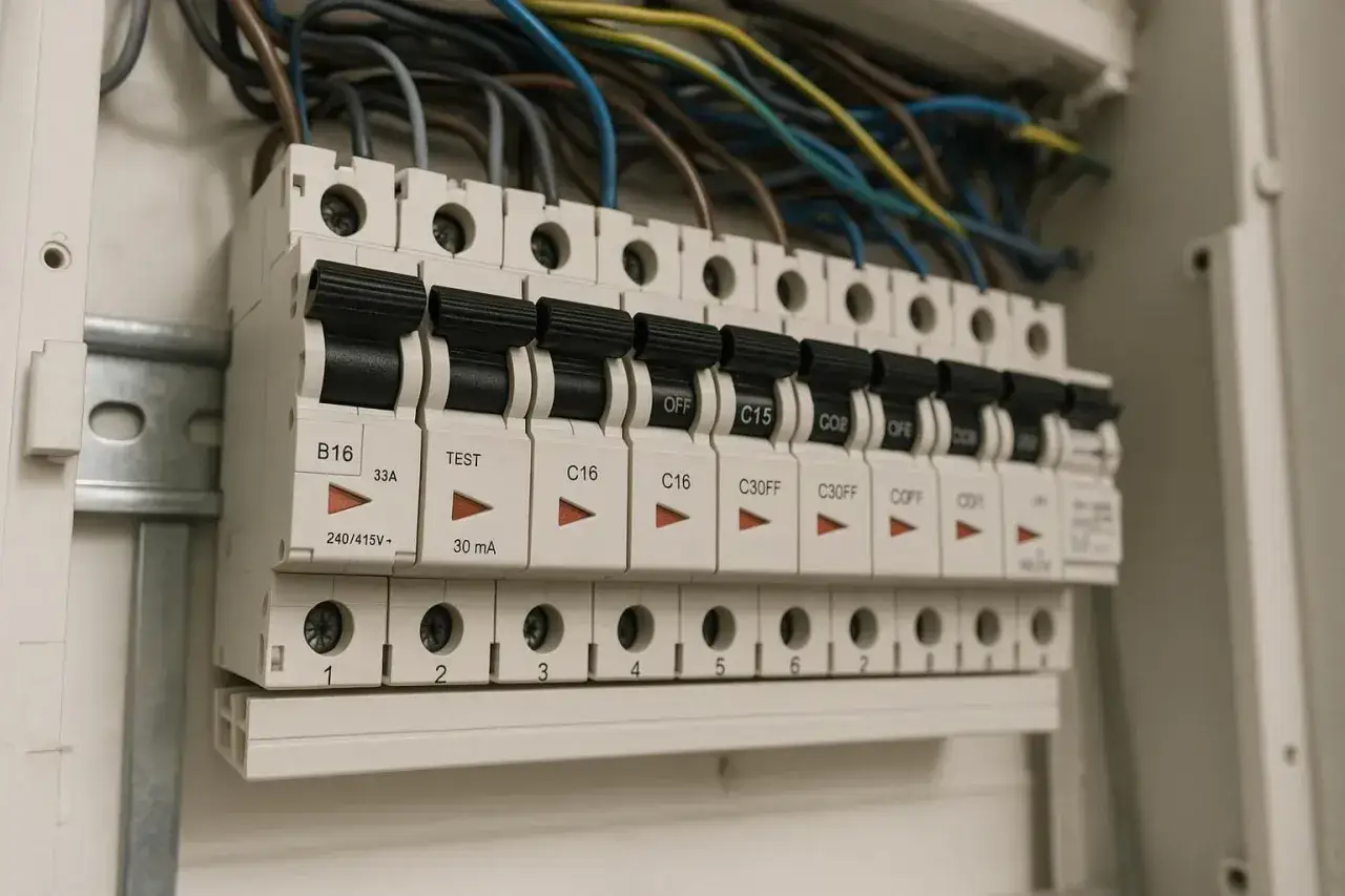 Panel z bezpiecznikami, w tym bezpiecznik C16. Widać oznaczenia prądowe i napięciowe, gotowe do zabezpieczenia instalacji.
