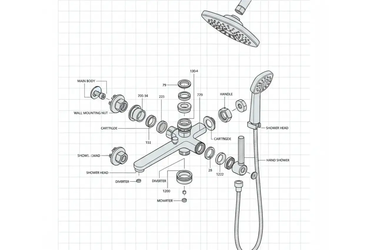 Schéma technique d'un mitigeur de douche, montrant les pièces pour le changer. On y voit le corps principal, la cartouche, la poignée et les douches.
