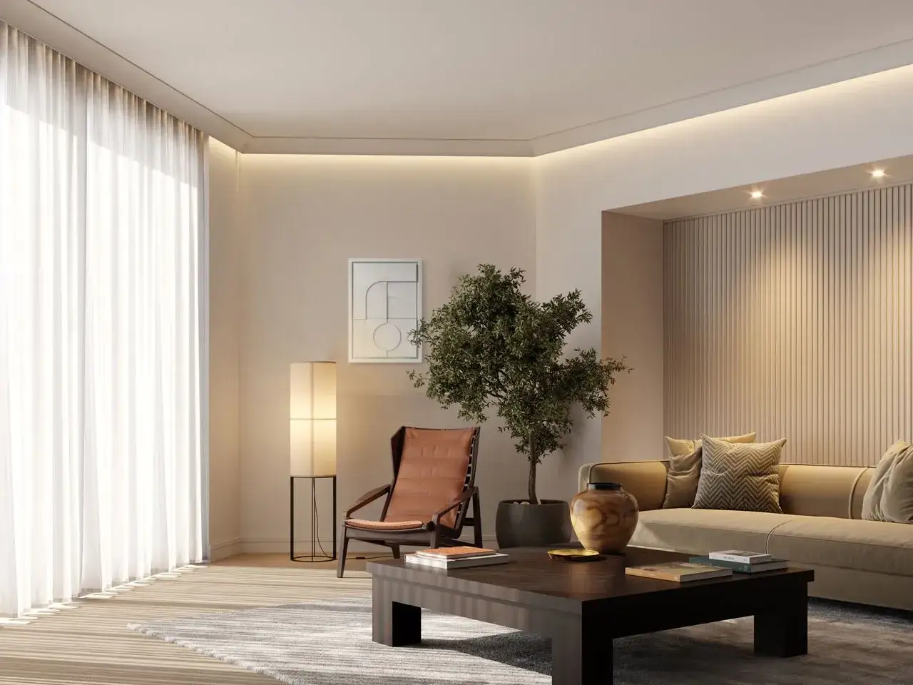 Nowoczesny salon z zasłonami, które idealnie współgrają z ukrytym karniszem do zabudowy. Wygodna sofa i fotel zapraszają do relaksu.
