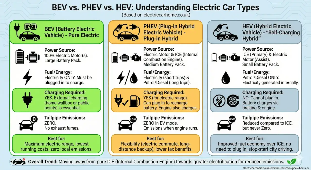 J&auml;mf&ouml;relse av elbilars typer: BEV, PHEV, HEV. Vad betyder ev. i detta sammanhang? L&auml;r dig skillnaderna.