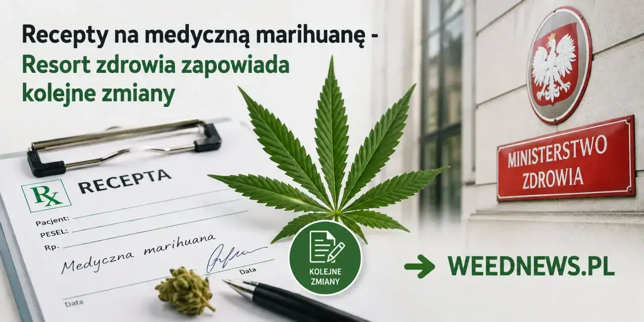 Recepta na medyczną marihuanę, liść konopi i znak Ministerstwa Zdrowia. Resort zapowiada zmiany.