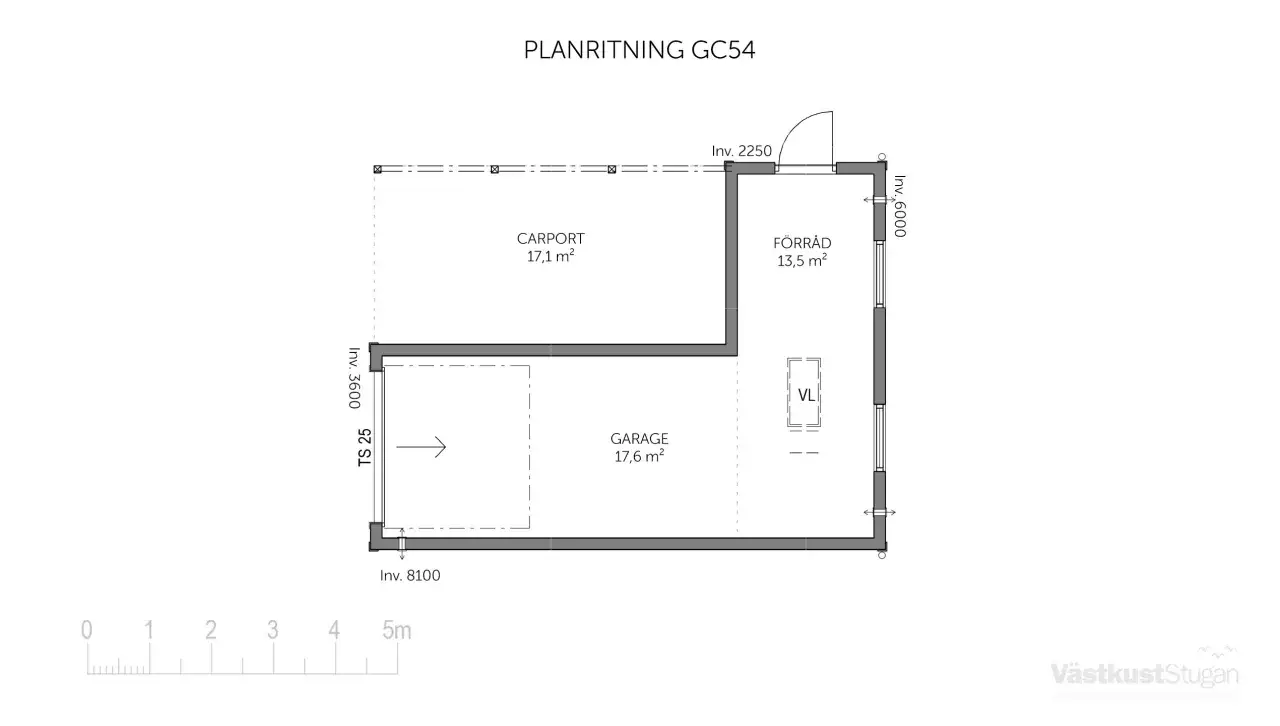 Planritning för carport med förråd och garage. En gratis carport ritning som visar mått och ytor.
