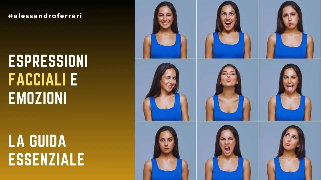 Espressioni facciali che mostrano emozioni primarie: gioia, sorpresa, tristezza, ammiccamento, bacio, lingua fuori, rabbia, pensierosa.