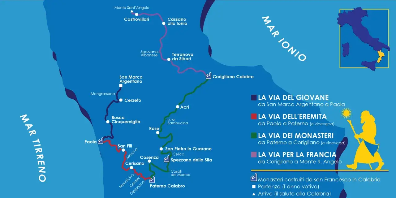 Mappa del cammino di San Francesco in Calabria, con le vie del Giovane, dell'Eremita, dei Monasteri e per la Francia.