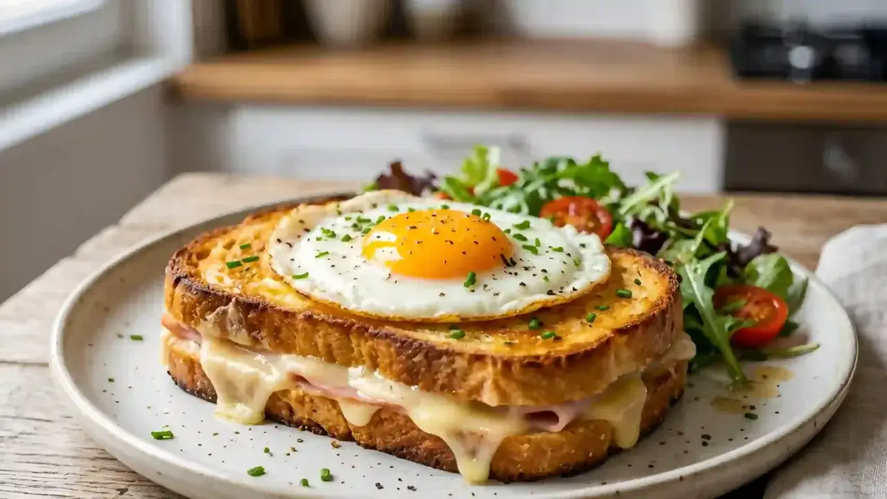 Un délicieux croque madame recette, un sandwich au jambon et fromage fondant, surmonté d'un œuf au plat et servi avec une salade fraîche.