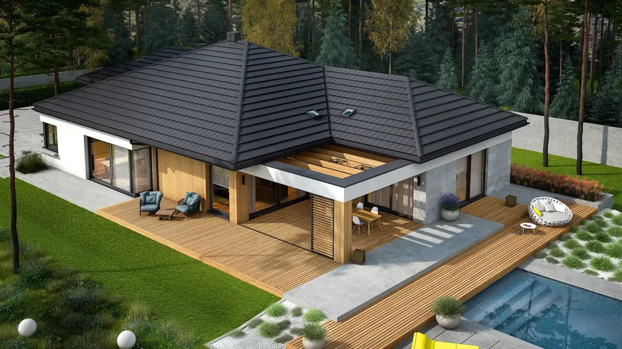 Nowoczesny dom z basenem i tarasem, idealny na letnie dni. Projekt homekoncept 26 wariant 10.