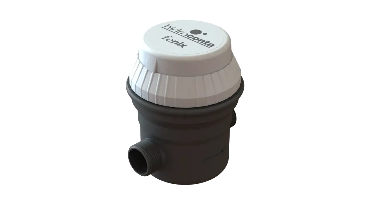 Compteur volumétrique eau Hidroconta Fenix, avec son corps noir et son capuchon blanc.
