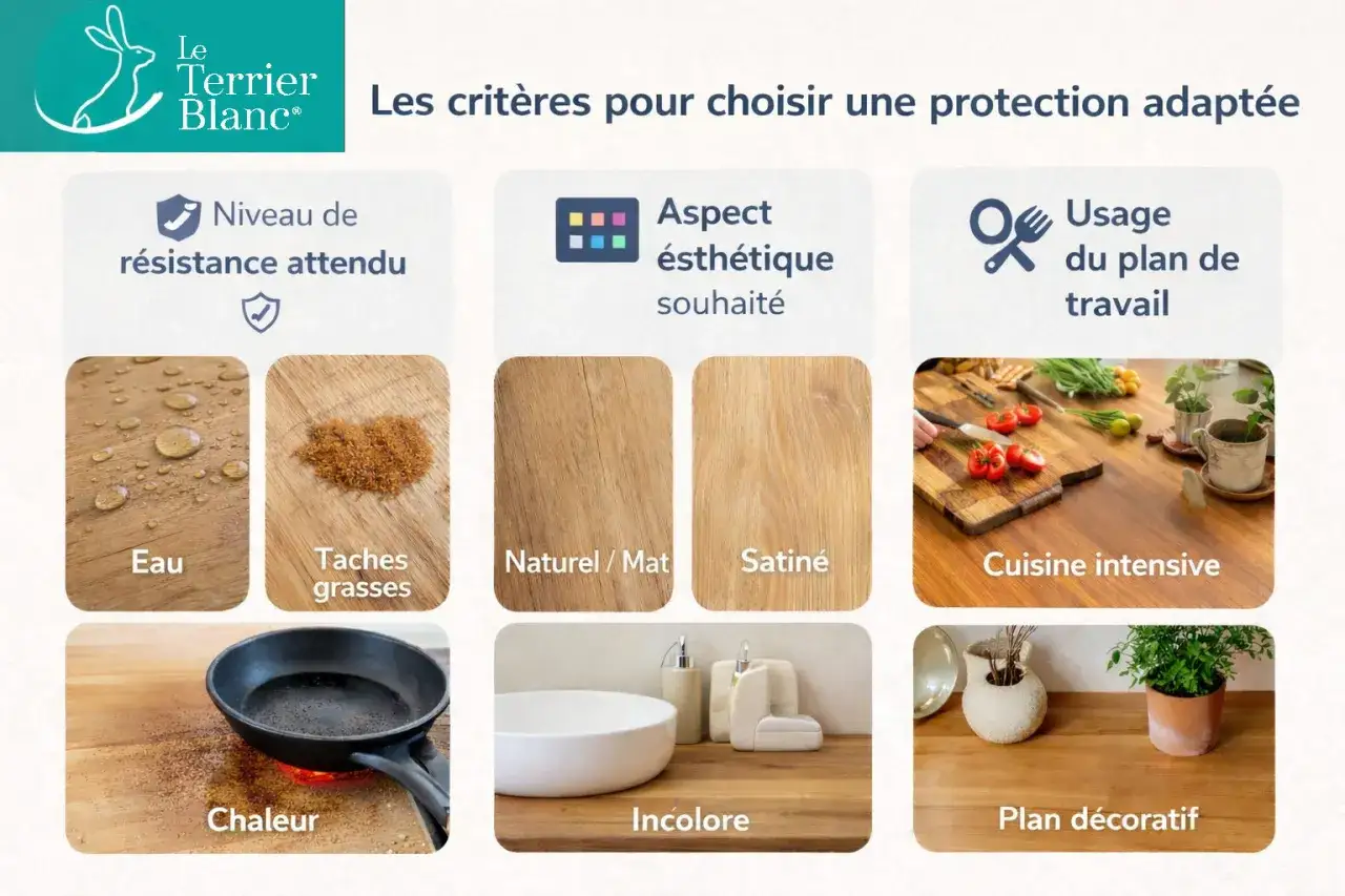 Critères pour le traitement plan de travail bois : résistance eau, taches, chaleur, aspect naturel/satiné, usage cuisine intensive ou décoratif.