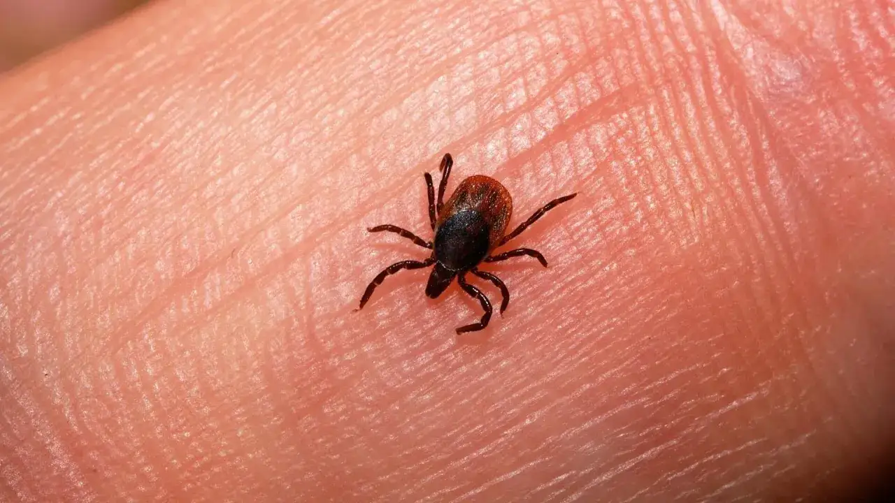 Una garrapata, un ejemplo de plagas de garrapatas, se arrastra sobre la piel humana.