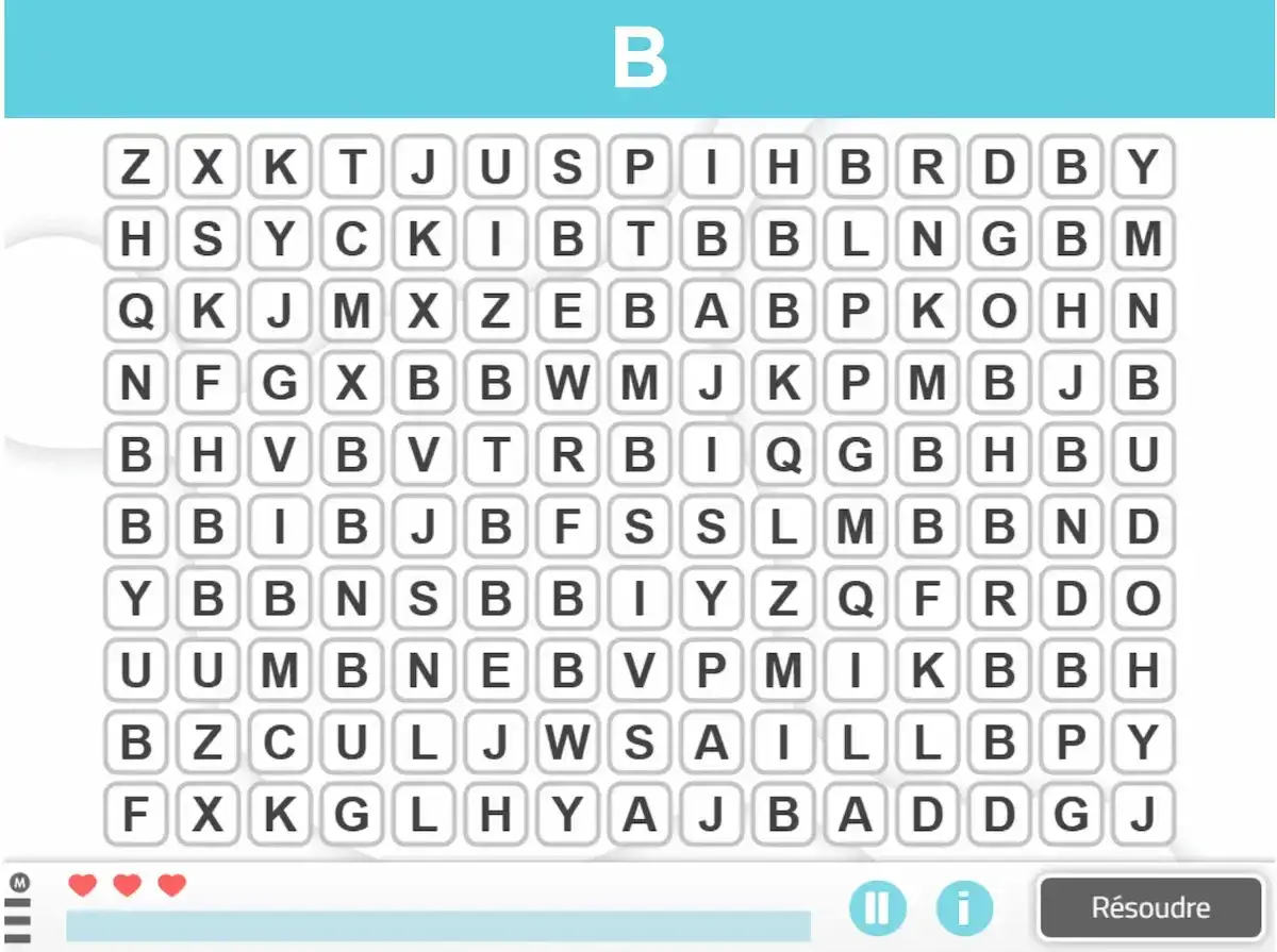 Grille de mots mêlés avec la lettre B en gros. Idéal pour des jeux pour personnes Alzheimer à imprimer, stimulant la mémoire et la concentration.
