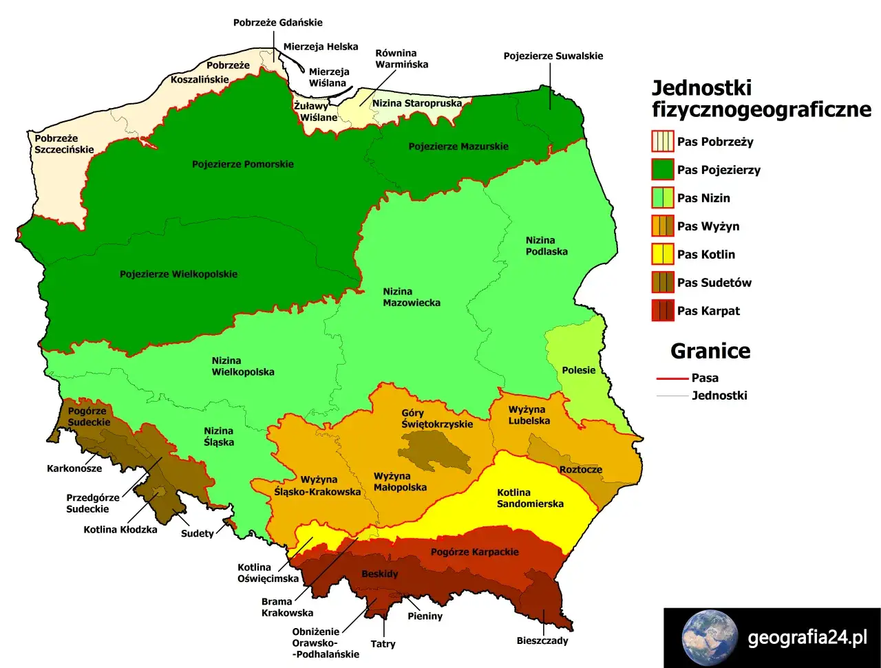 Bieszczady leżą na południowym wschodzie Polski, w pasie Karpat. Mapa pokazuje podział Polski na jednostki fizycznogeograficzne.