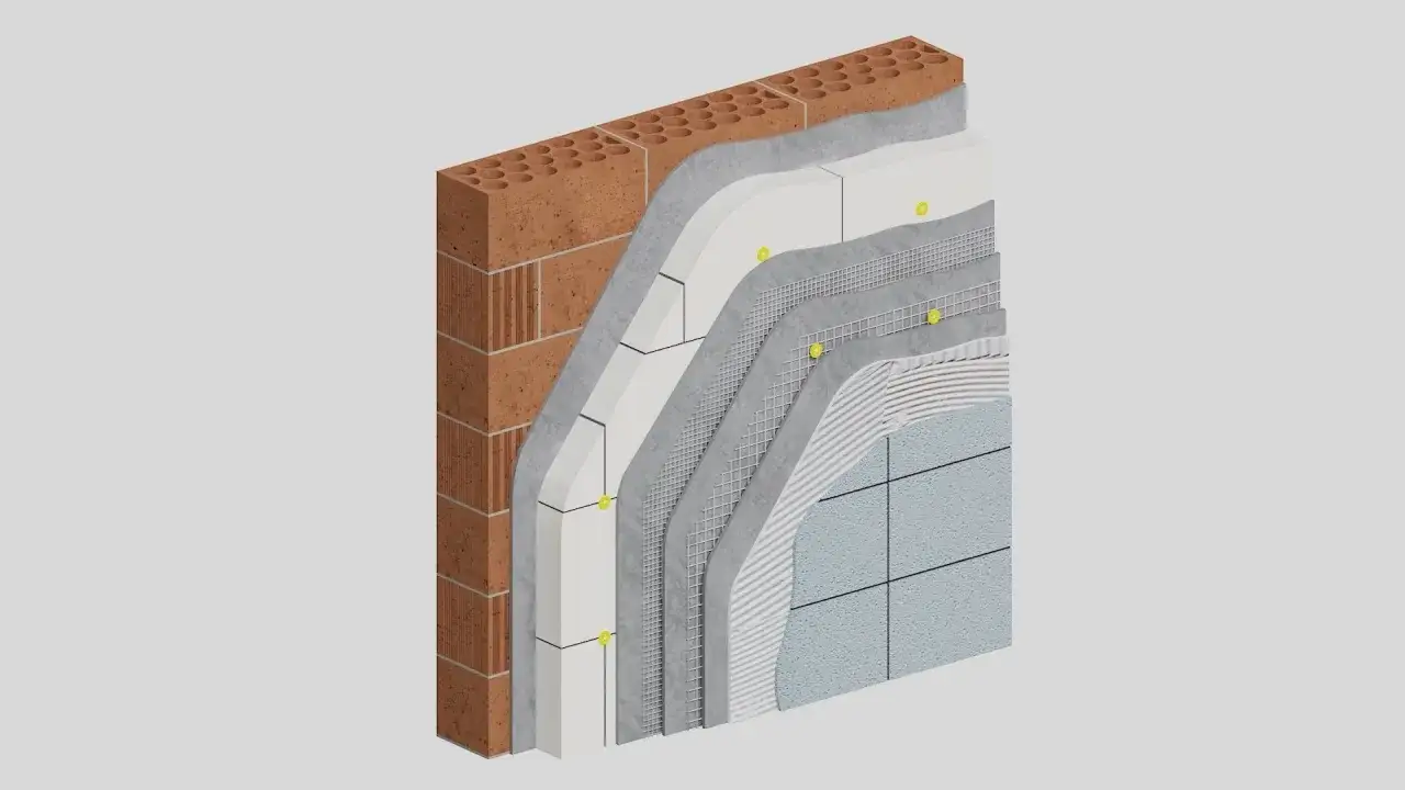 Corte de muro con capas de aislamiento, malla y acabado exterior, mostrando la estructura de un sate cerámico.