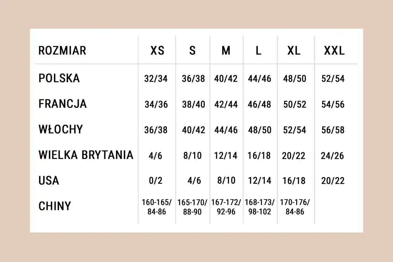 Tabela rozmiarów: jaki to rozmiar XXL? Polska 52/54, Francja 54/56, Włochy 56/58, UK 24/26, USA 20/22, Chiny 170-176/84-86.