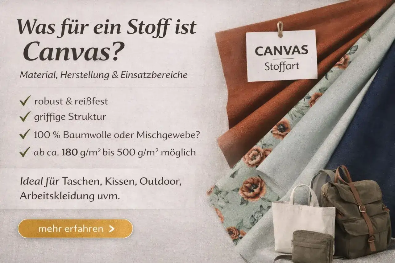 Canvas Stoffart: robust, rei&szlig;fest, griffige Struktur, 100% Baumwolle/Mischgewebe. Ideal f&uuml;r Taschen, Kissen, Outdoor.
