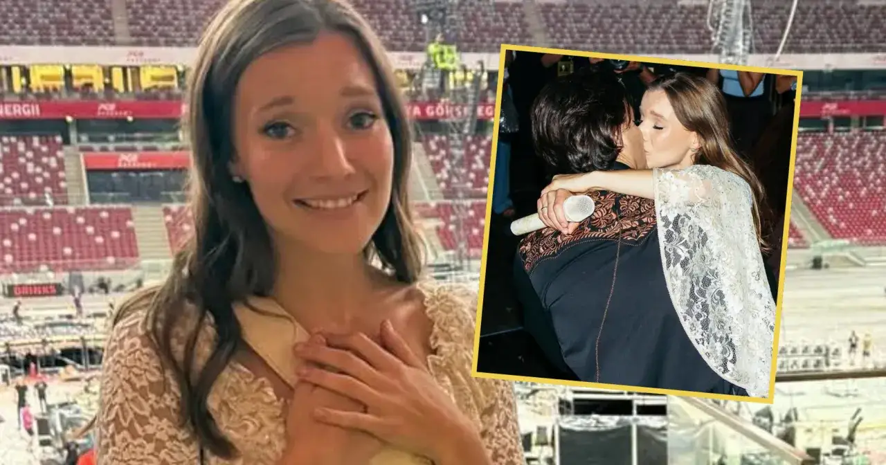 Uśmiechnięta sanah na tle stadionu, a obok zdjęcie z jej mężem, Stanisławem Grabowskim, podczas czułego momentu.