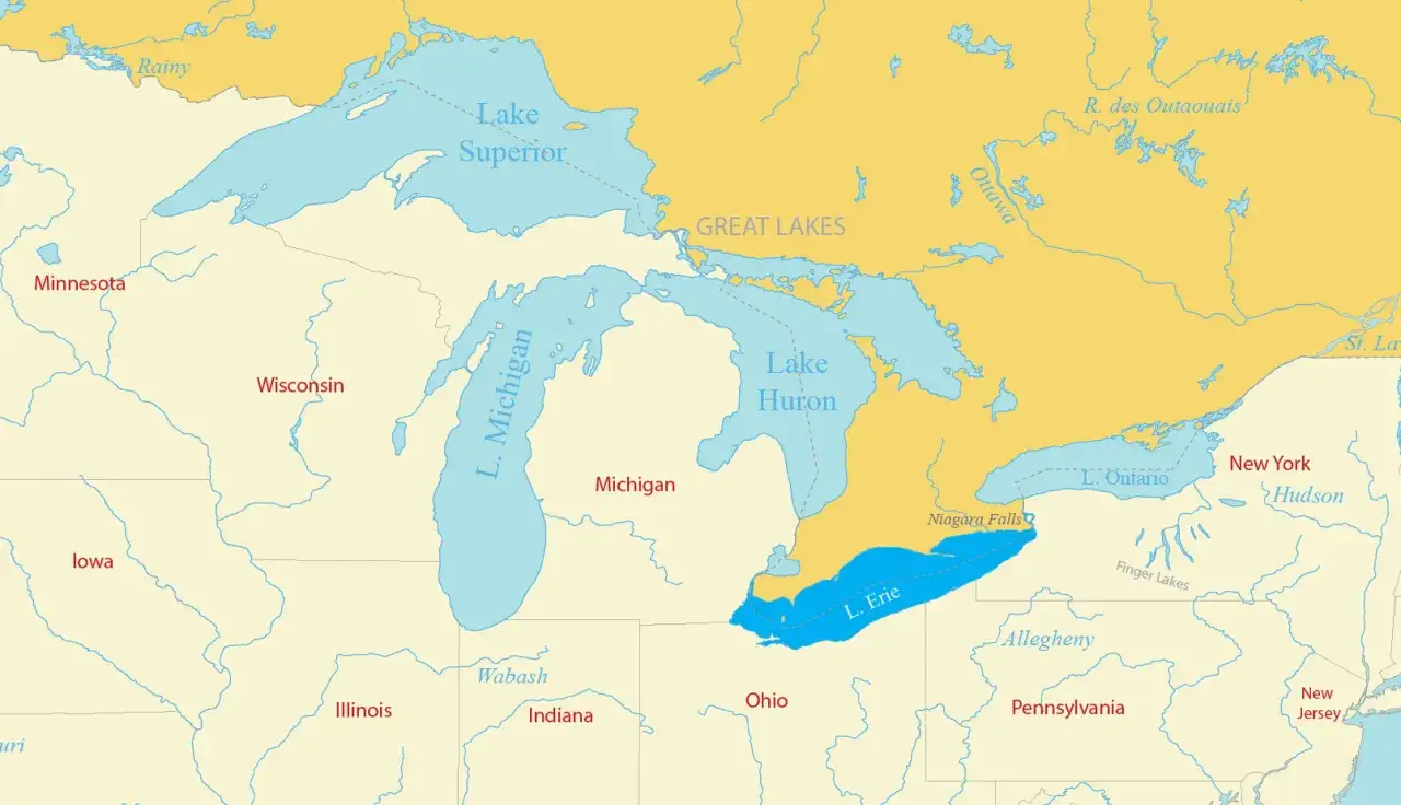Mapa Wielkich Jezior z zaznaczonymi stanami, w tym Ohio, Pensylwania i Nowy Jork, które są amerykańskim stanem nad jeziorem Erie.