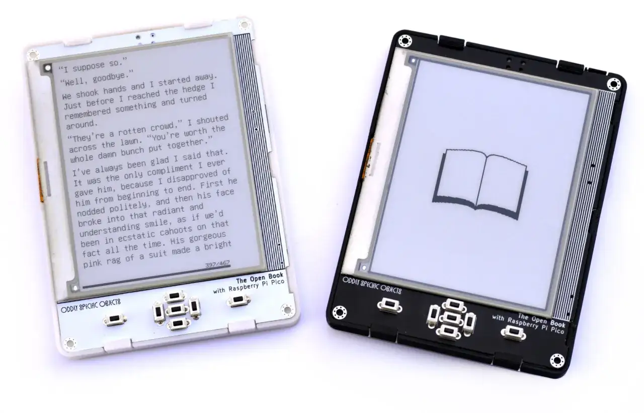 Dwa czytniki e-booków, jeden z tekstem, drugi z ikoną otwartej książki. Idealne do czytania **epub**.