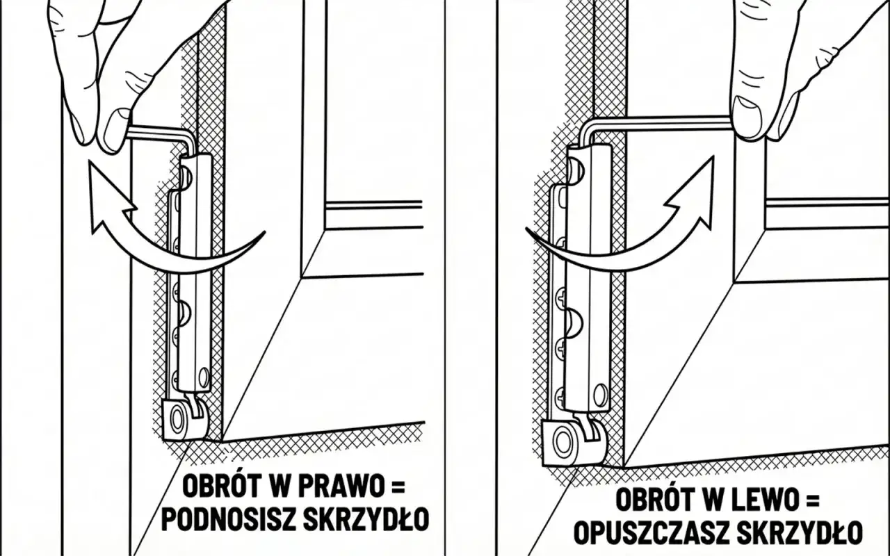 Regulacja okna: obrót kluczem w prawo podnosi skrzydło, w lewo opuszcza. Okno nie dochodzi do ramy? Użyj klucza.
