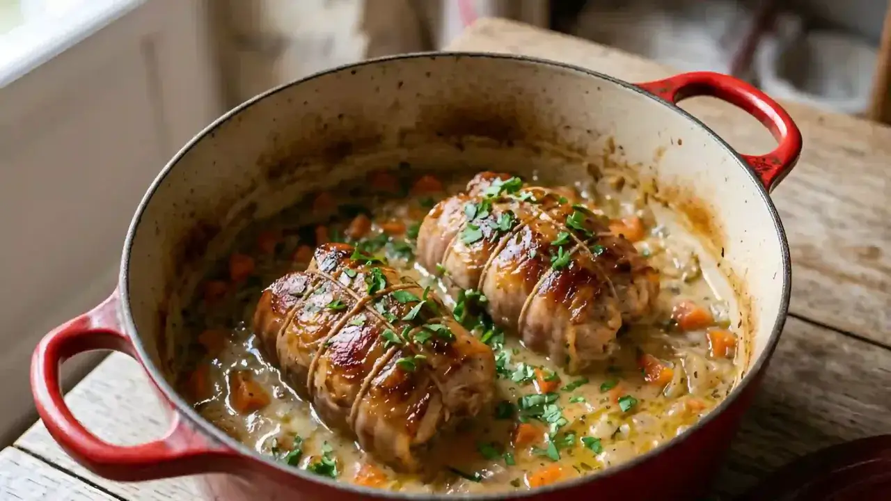 Deux paupiettes de veau, dorées et ficelées, mijotent dans une sauce onctueuse aux carottes. La cuisson est presque terminée, le plat est prêt à être dégusté.