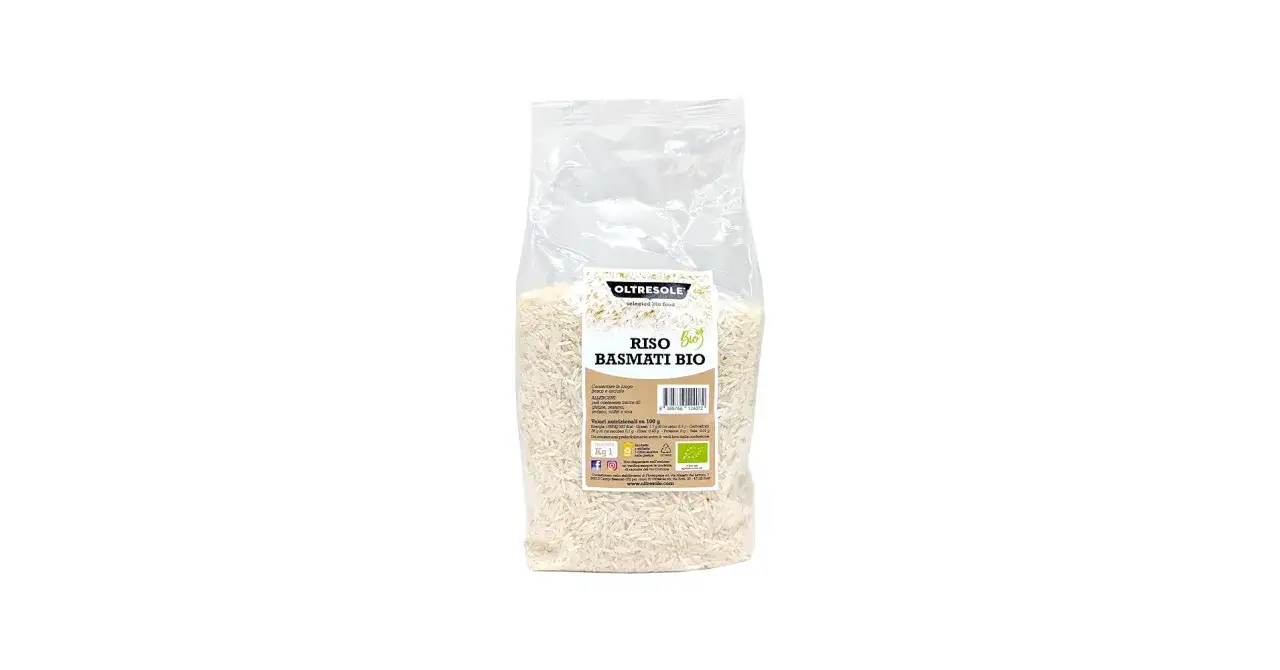 Sacchetto di riso basmati biologico Oltresole. Perfetto per una cottura leggera e profumata.