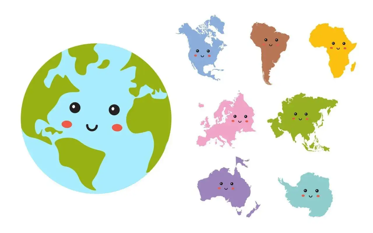 Uśmiechnięta Ziemia i kolorowe mapy pokazujące, jakie są kontynenty: Ameryka Północna, Południowa, Afryka, Europa, Azja, Australia i Antarktyda.