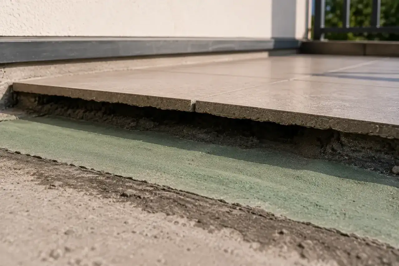 Zbliżenie na warstwy pod płytkami tarasowymi, pokazujące beton, zieloną hydroizolację i klej. Dowiedz się, jak położyć płytki na tarasie.