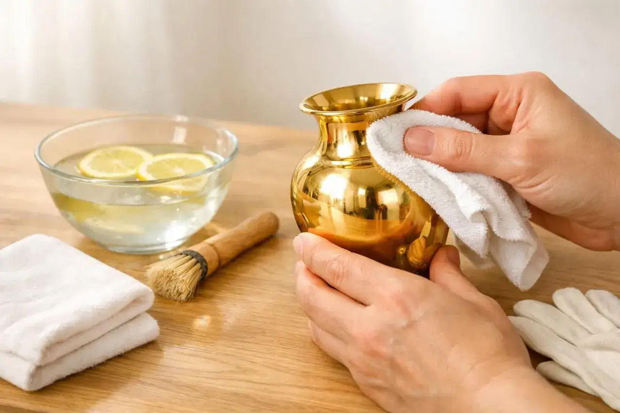 Nettoyer acier inoxydable doré avec une solution de citron et de l'eau. Un petit vase doré est poli avec un chiffon blanc.