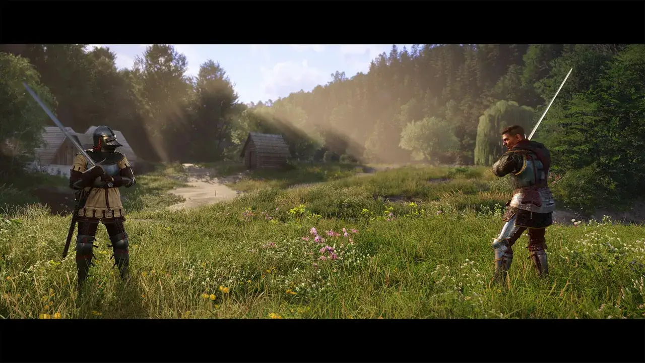 Dwóch rycerzy w zbrojach, gotowych do walki, na tle słonecznej polany z chatkami. Scena z gry Kingdom Come: Deliverance II.