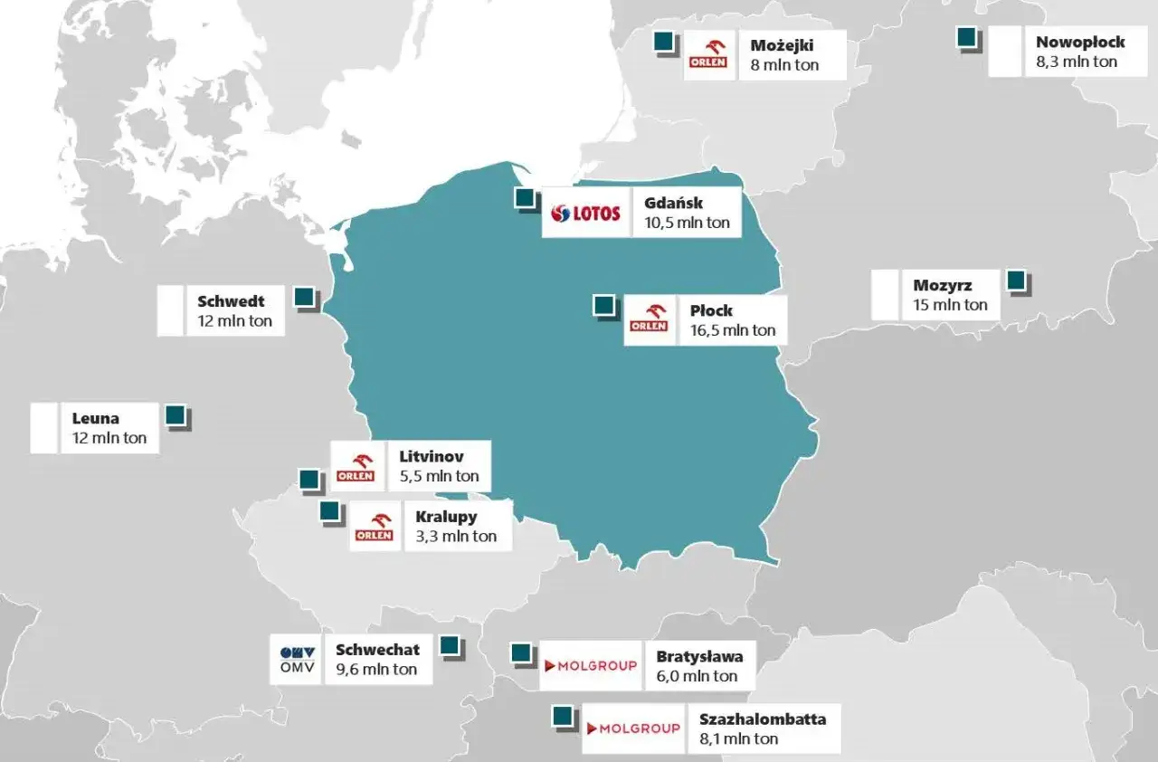 Mapa Polski z zaznaczonymi rafineriami Orlen i Lotos przed fuzją