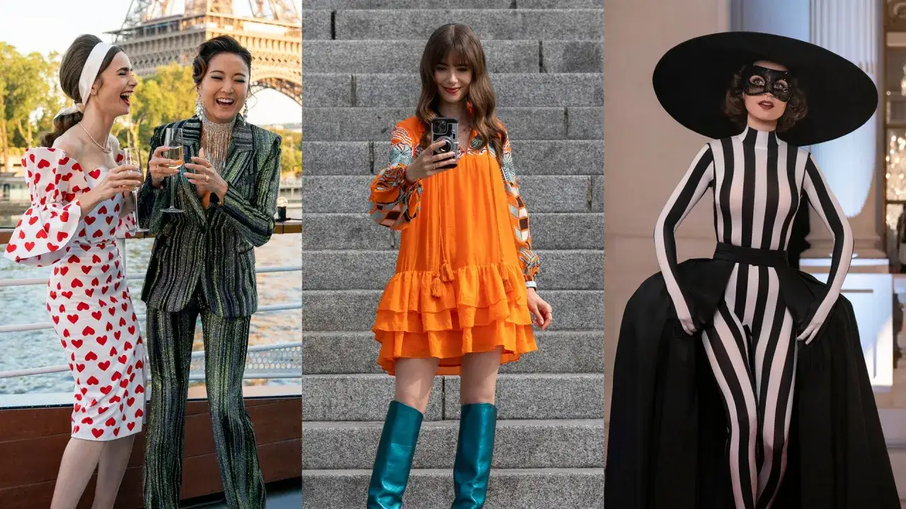 Lily Collins as Emily in Paris, showcasing three distinct, fashionable looks: heart-print dress, orange mini-dress, and a striking black and white striped outfit.