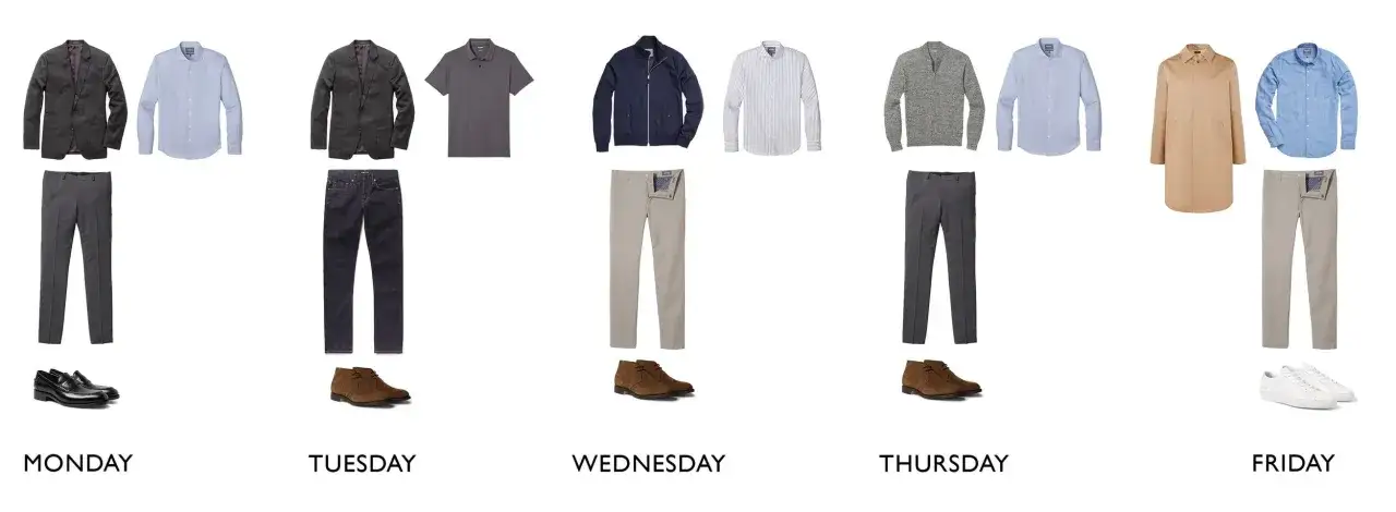 Outfit-Ideen für einen business casual Mann: von Montag bis Freitag, mit Anzügen, Jeans, Hemden und Schuhen.