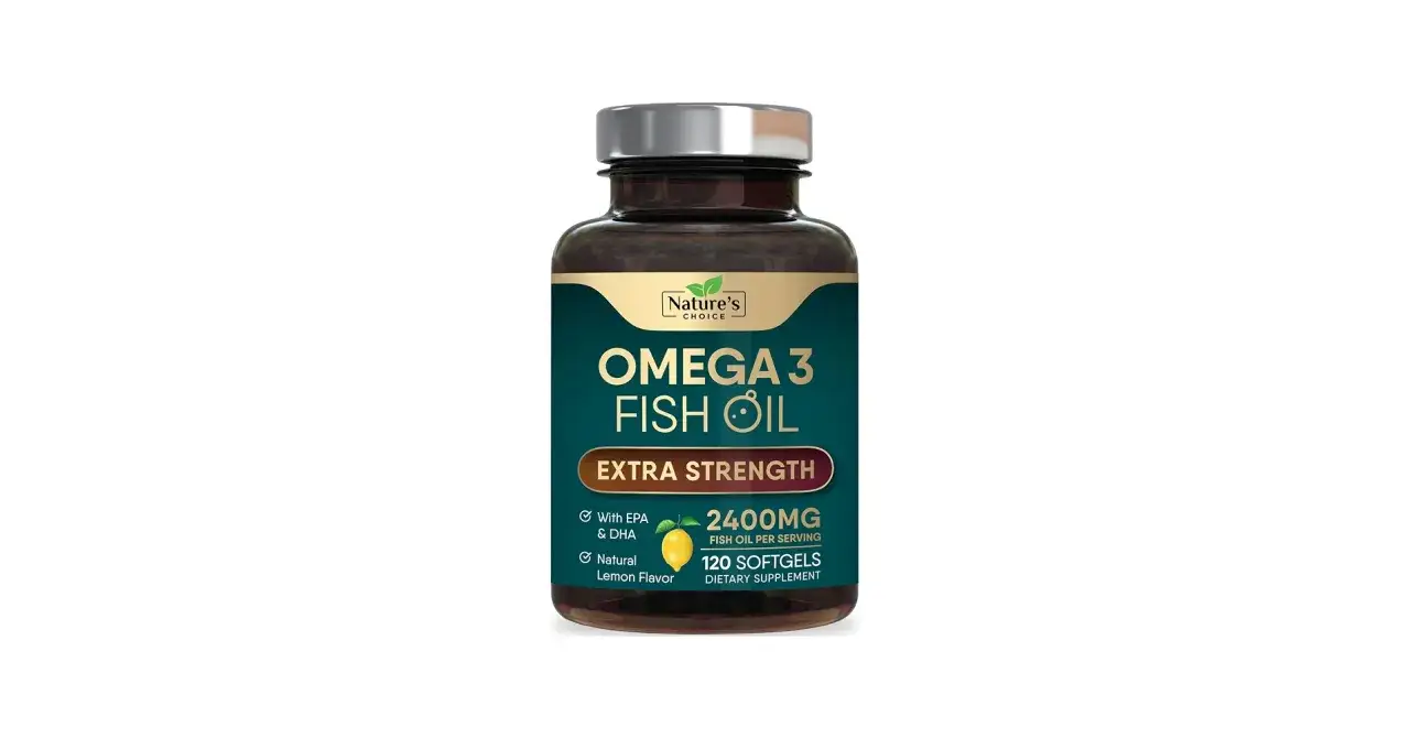 Butelka suplementu diety Nature's Choice Omega 3 Fish Oil Extra Strength, zawierająca 120 kapsułek żelowych o naturalnym cytrynowym smaku.