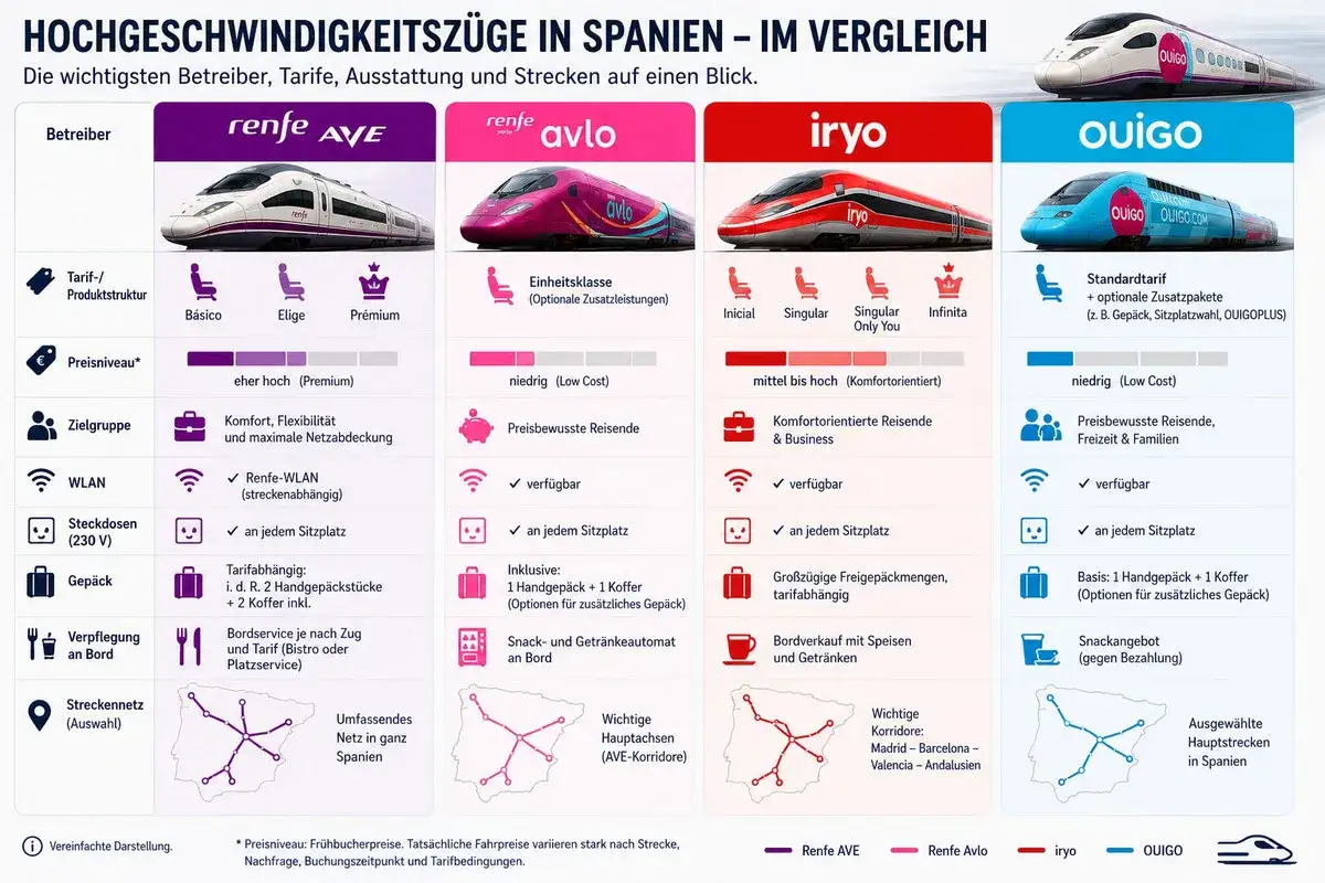 Vergleich spanischer Bahn-Anbieter: Renfe AVE, Avlo, iryo, OUIGO. Infos zu Tarifen, Zielen, WLAN, Gep&auml;ck und Streckennetz.