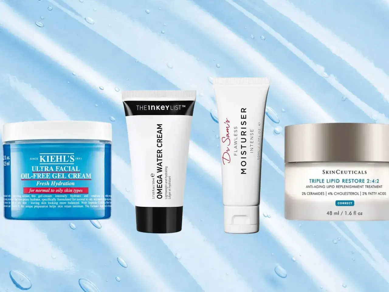 Drei Hautpflegeprodukte: Kiehl's Ultra Facial Oil-Free Gel Cream, The Inkey List Omega Water Cream und SkinCeuticals Triple Lipid Restore. Alle sind nicht komedogen.