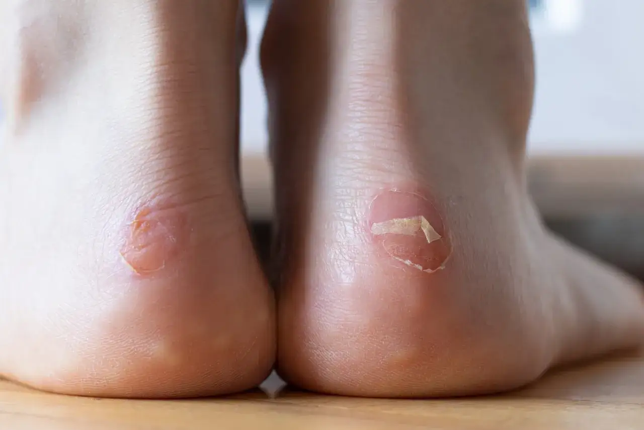 Gros plan sur des talons avec des phlyct&egrave;nes, des ampoules caus&eacute;es par le frottement des chaussures.