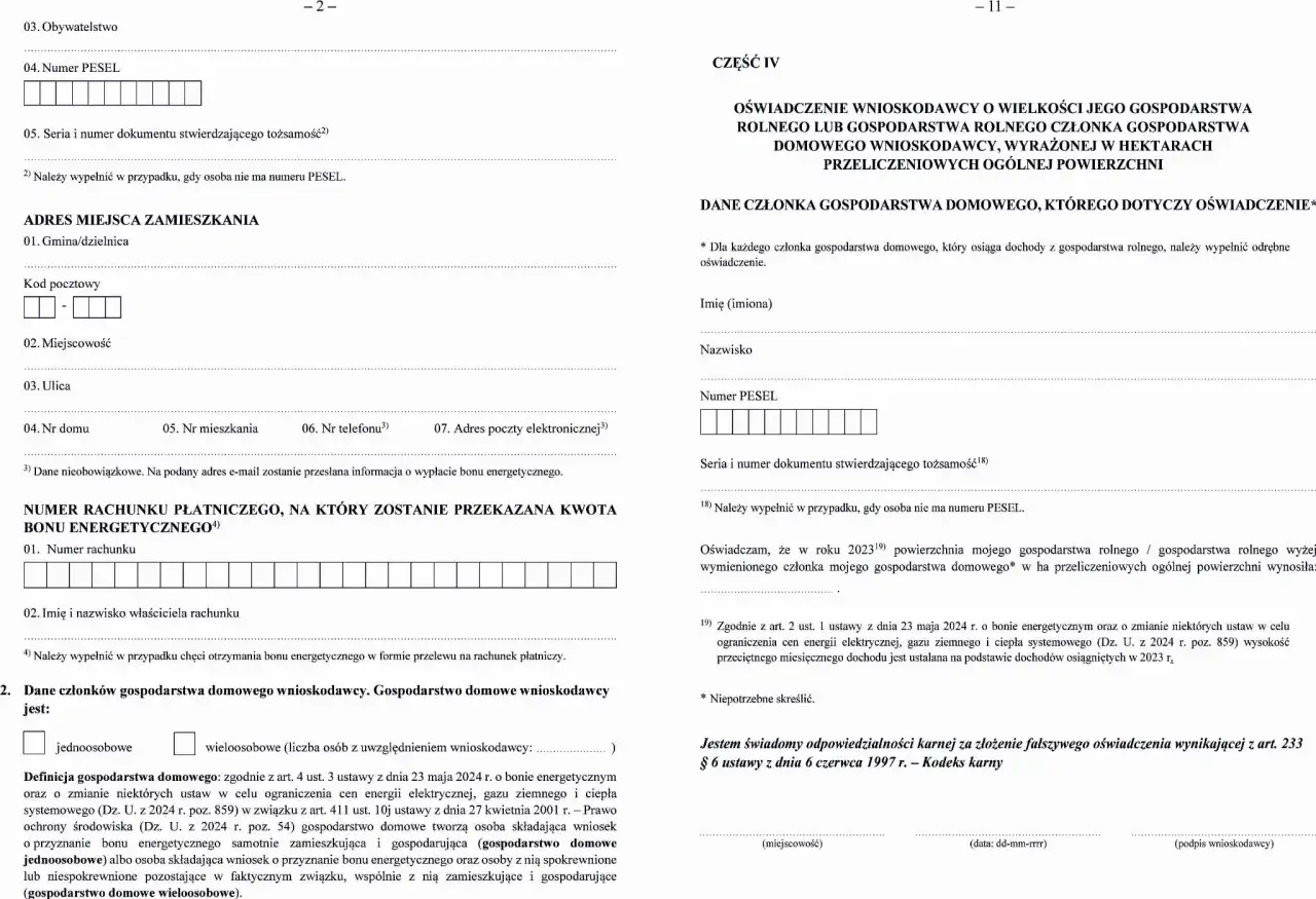 Formularz wniosku o bon energetyczny 2026. Wypełnij dane osobowe, adresowe i dotyczące gospodarstwa domowego.