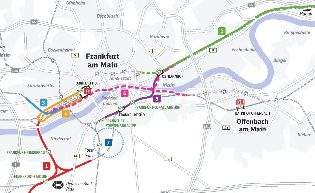 Karte der S-Bahn-Linien in Frankfurt am Main und Umgebung. Die Linien 1-8 verbinden wichtige Stationen wie Frankfurt Hbf, Ostbahnhof und Offenbach.