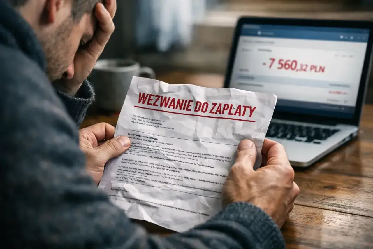 Zmartwiony mężczyzna trzyma wezwanie do zapłaty, które jest częścią spadku po rodzicach. Na ekranie laptopa widnieje kwota do uregulowania.