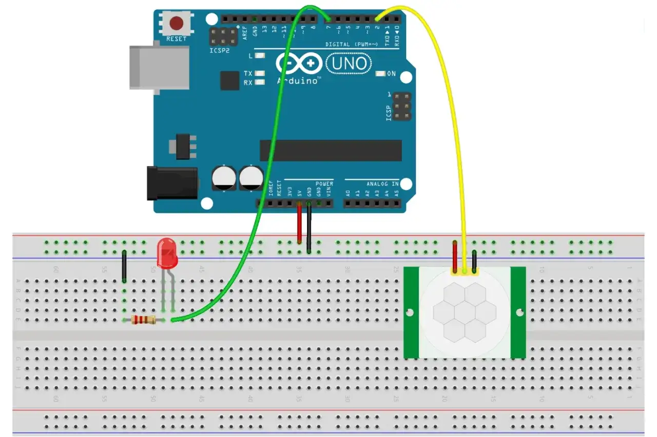 Arduino cos'&egrave;: un microcontrollore collegato a un sensore di movimento e un LED su una breadboard, per creare progetti interattivi.