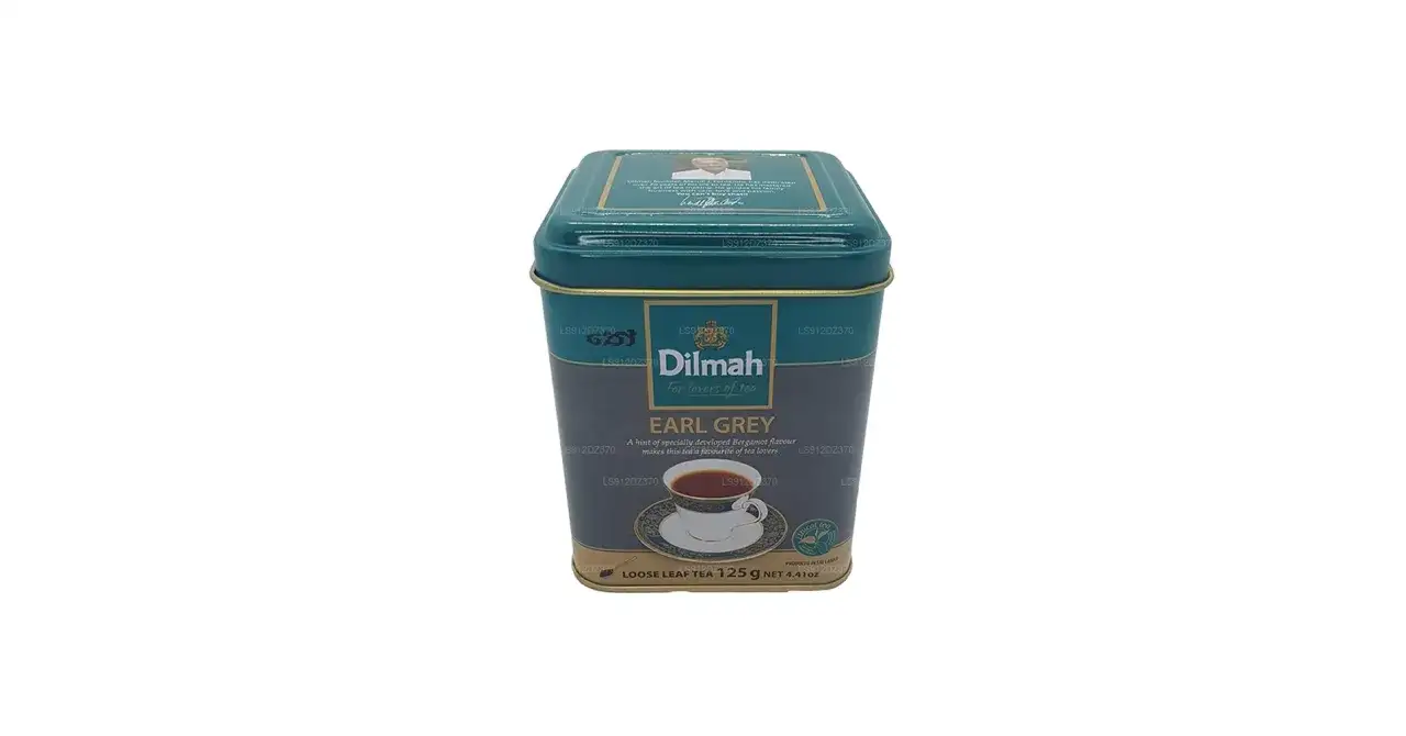 Elegancka puszka herbaty Dilmah Earl Grey z wizerunkiem filiżanki. Idealna dla miłośników herbaty.