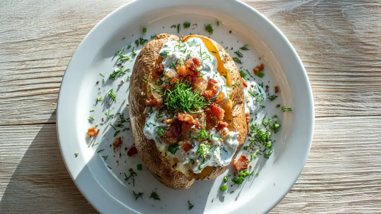 Ofenkartoffeln rezept: Eine gebackene Kartoffel mit Sauerrahm, Speck und Dill garniert, auf einem weißen Teller serviert.
