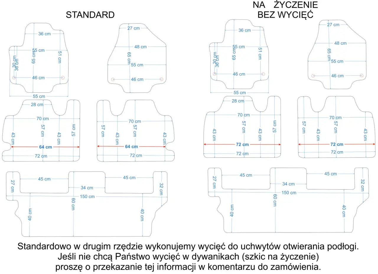 Wymiary dywanik&oacute;w samochodowych, w tym pacifica, z oznaczeniami i detalami.